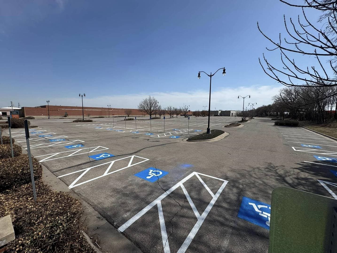A wide retail parking lot with many blue accessible stalls and white diagonal hatching in their access aisles, stretching across the full width of the lot.