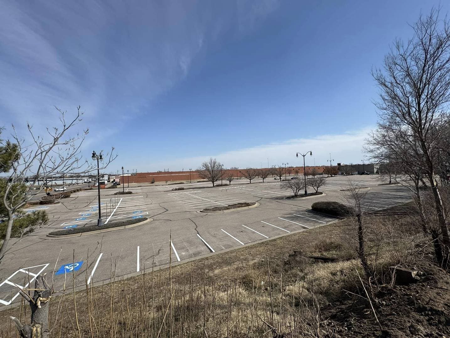 A wide view from a rise above a large retail parking lot showing rows of white striped stalls and several blue accessible stalls, bare winter trees in the foreground.